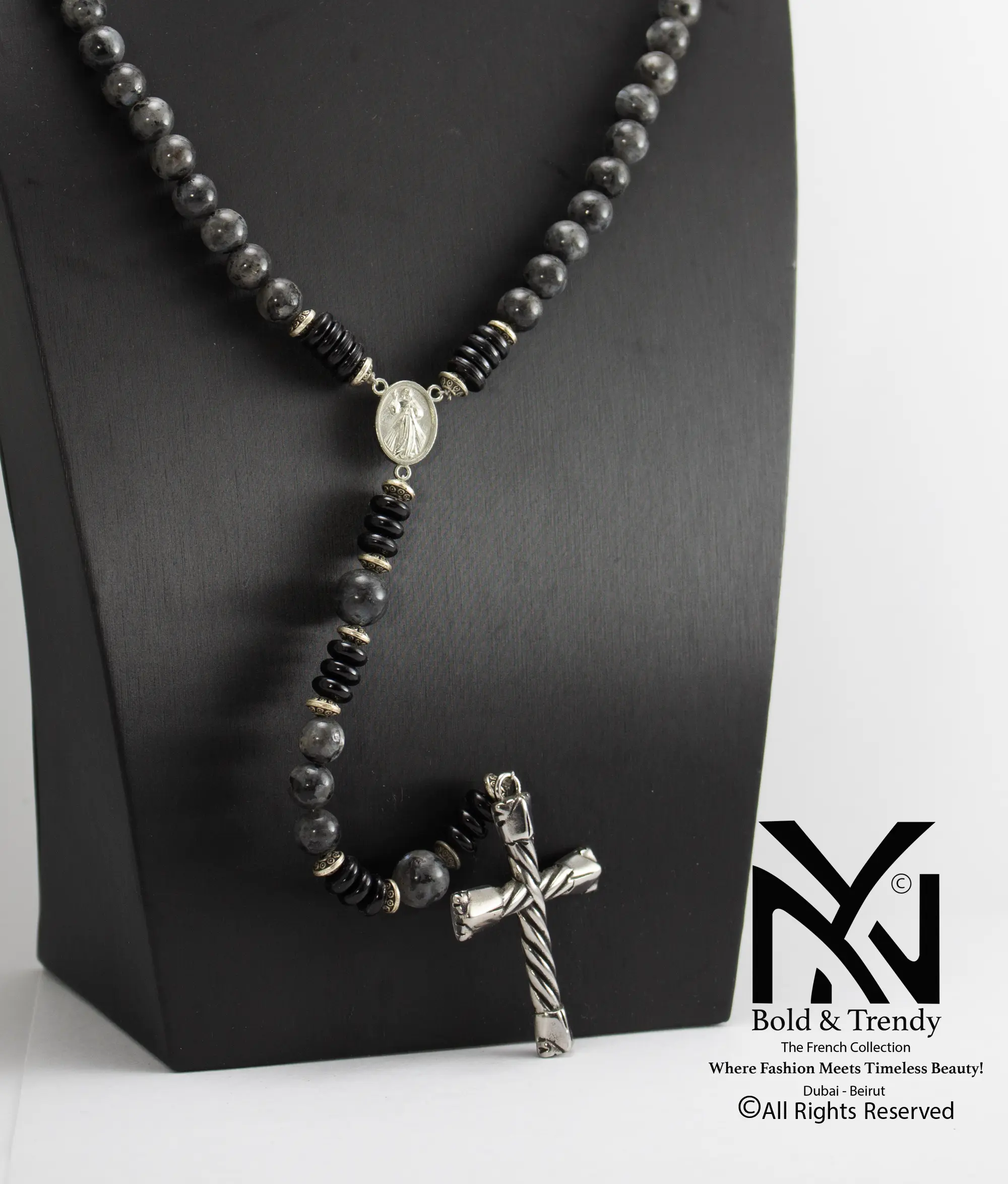  Christian Prayer Rosary Natural Grey Jasper Silver Cross and Icon 1