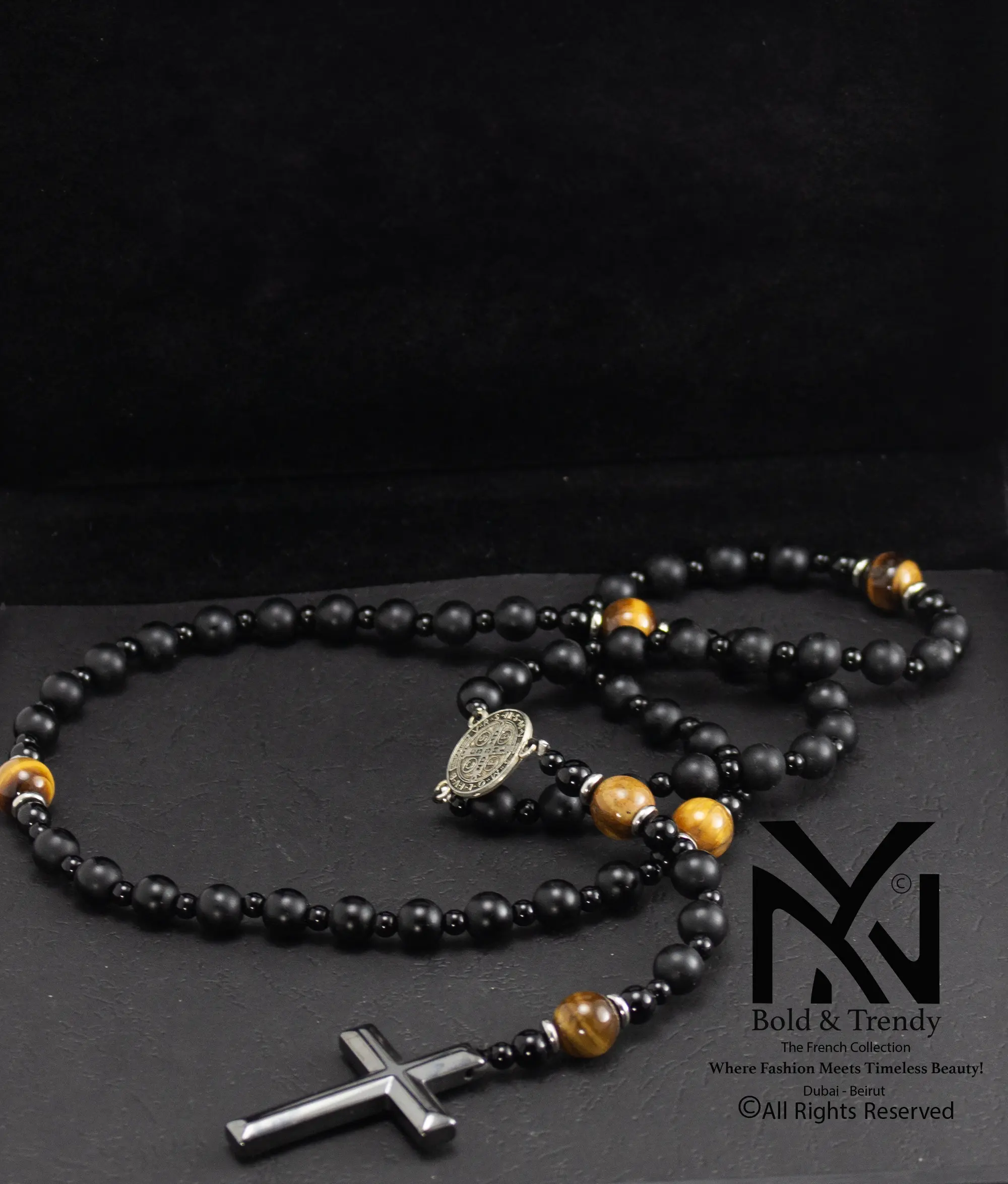  Christian Rosary Prayer Briollete Crystal Matt Onyx Tiger Eye Titanium Cross 1