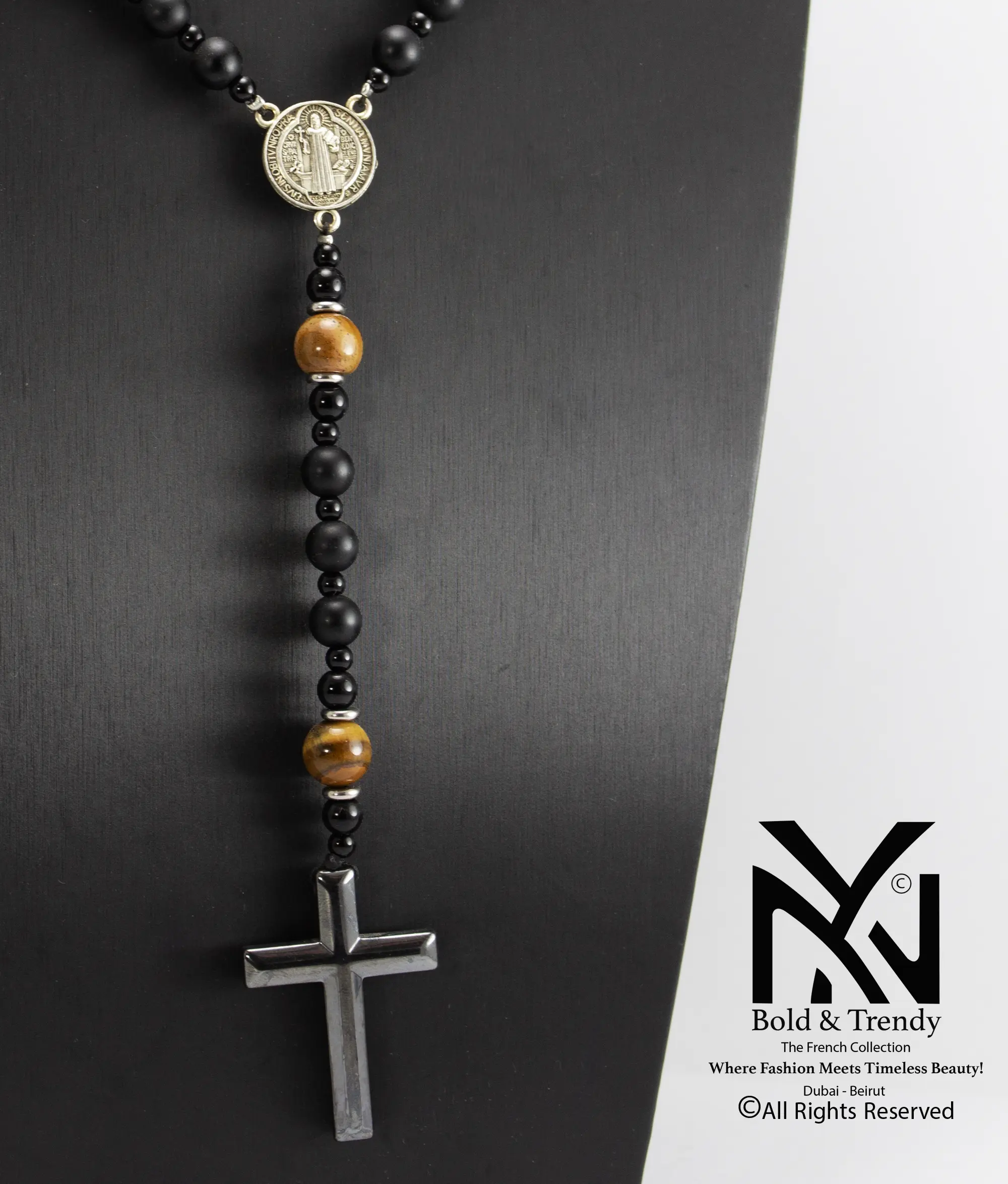  Christian Rosary Prayer Briollete Crystal Matt Onyx Tiger Eye Titanium Cross 1