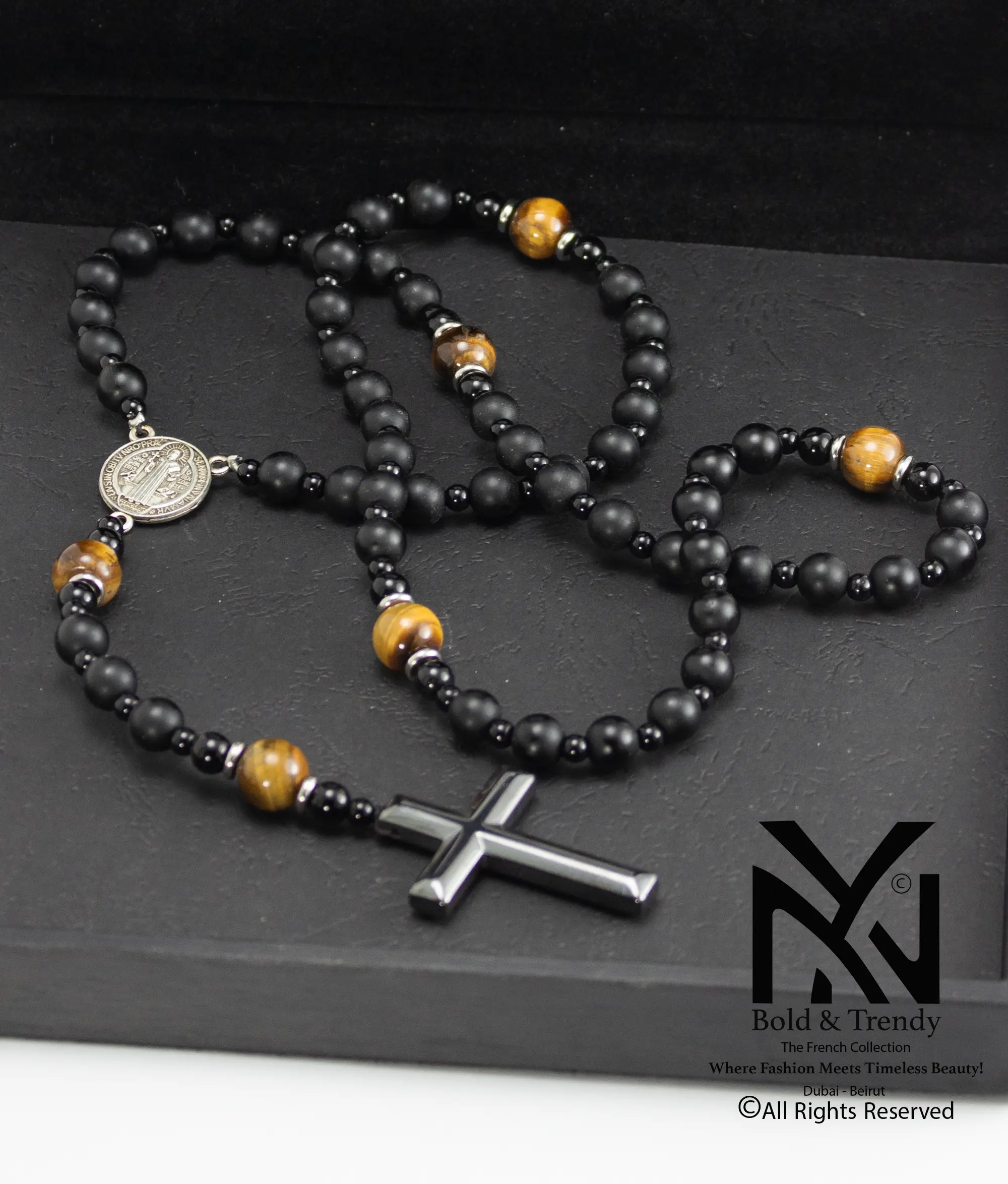  Christian Rosary Prayer Briollete Crystal Matt Onyx Tiger Eye Titanium Cross 1