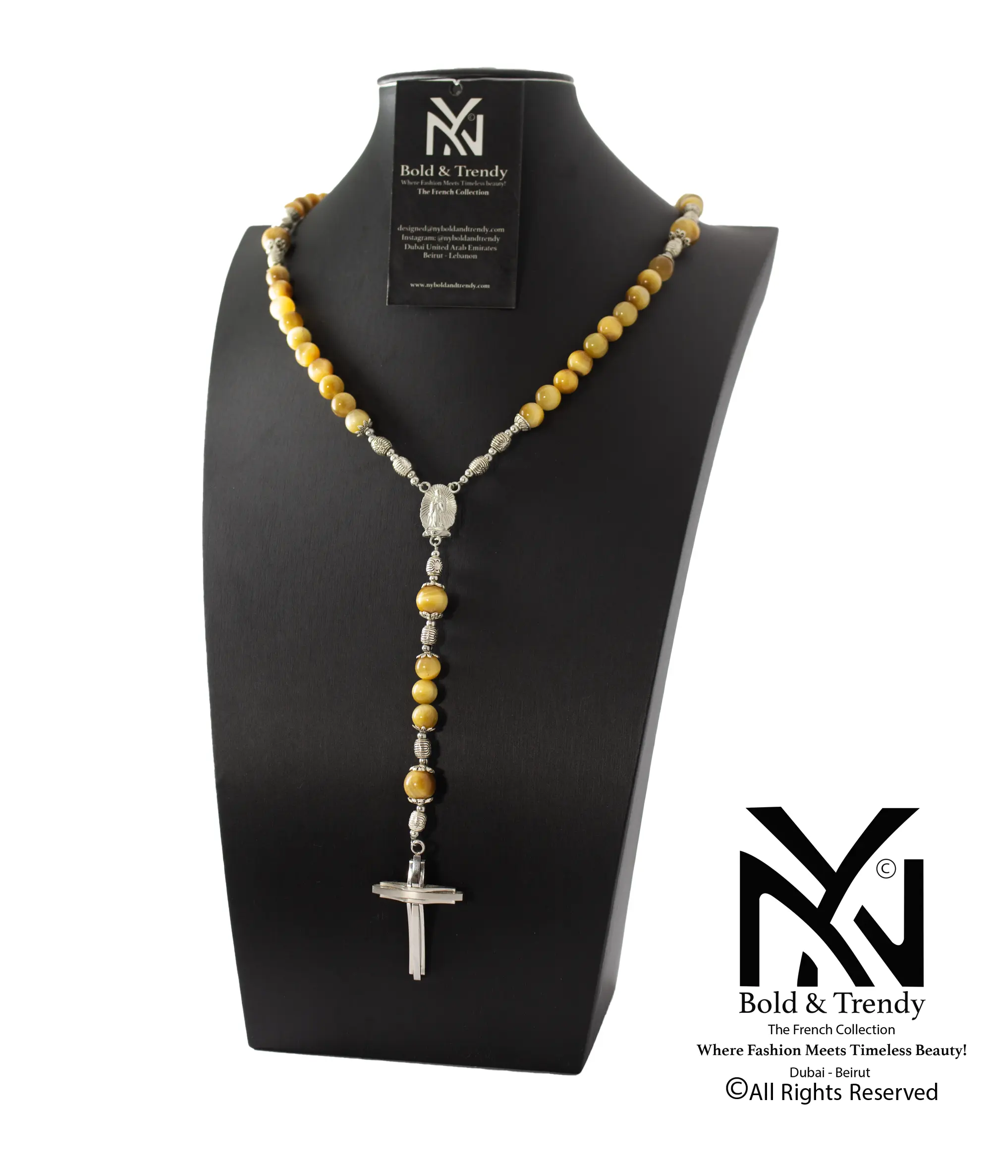 Christian Rosary Natural Yellow Tiger Eye Silver Cross 1
