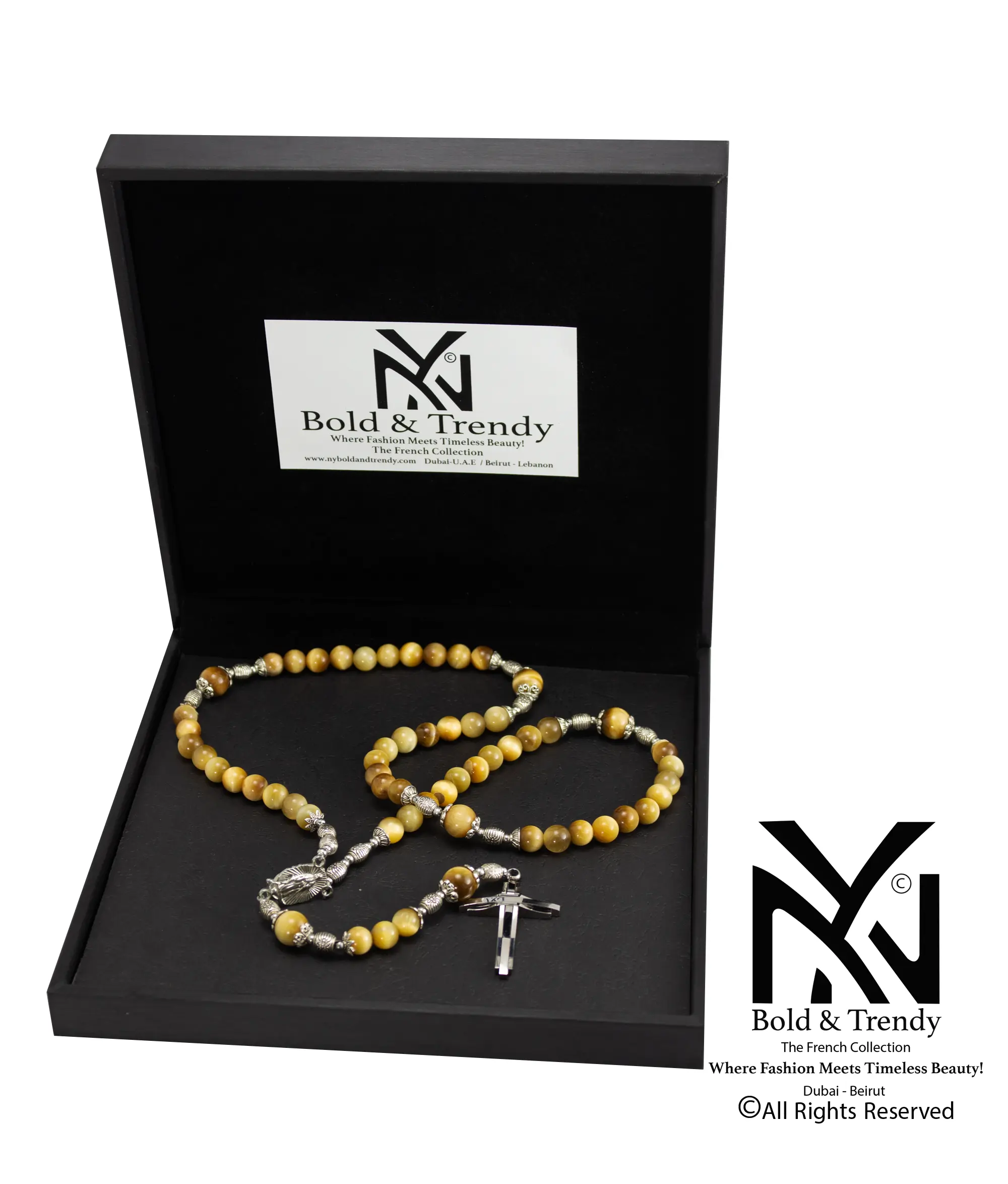  Christian Rosary Natural Yellow Tiger Eye Silver Cross 1