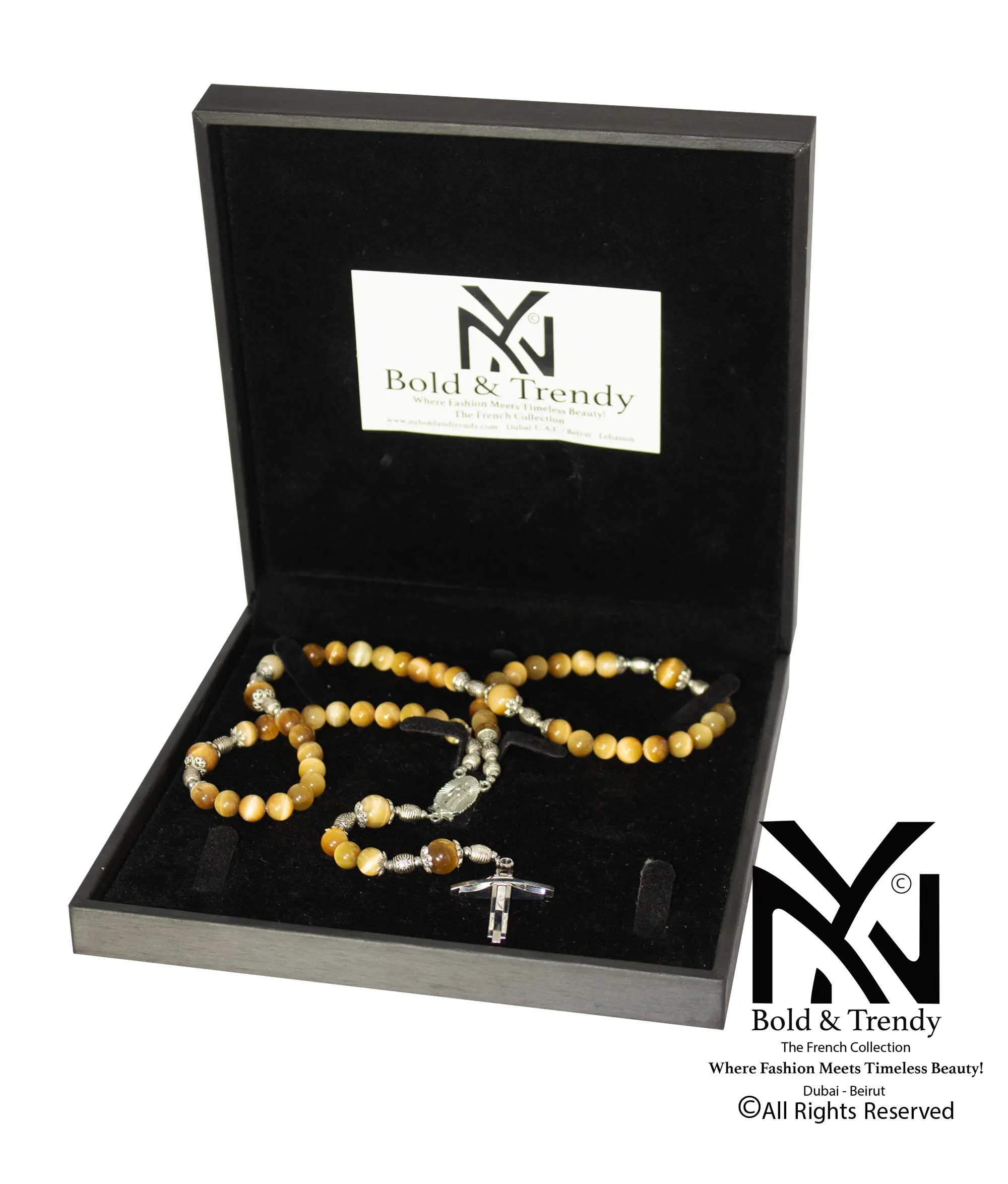  Christian Rosary Natural Yellow Tiger Eye Silver Cross 1