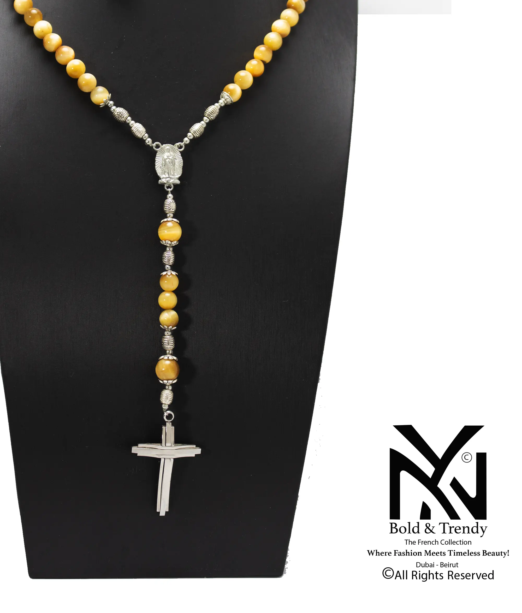  Christian Rosary Natural Yellow Tiger Eye Silver Cross 1