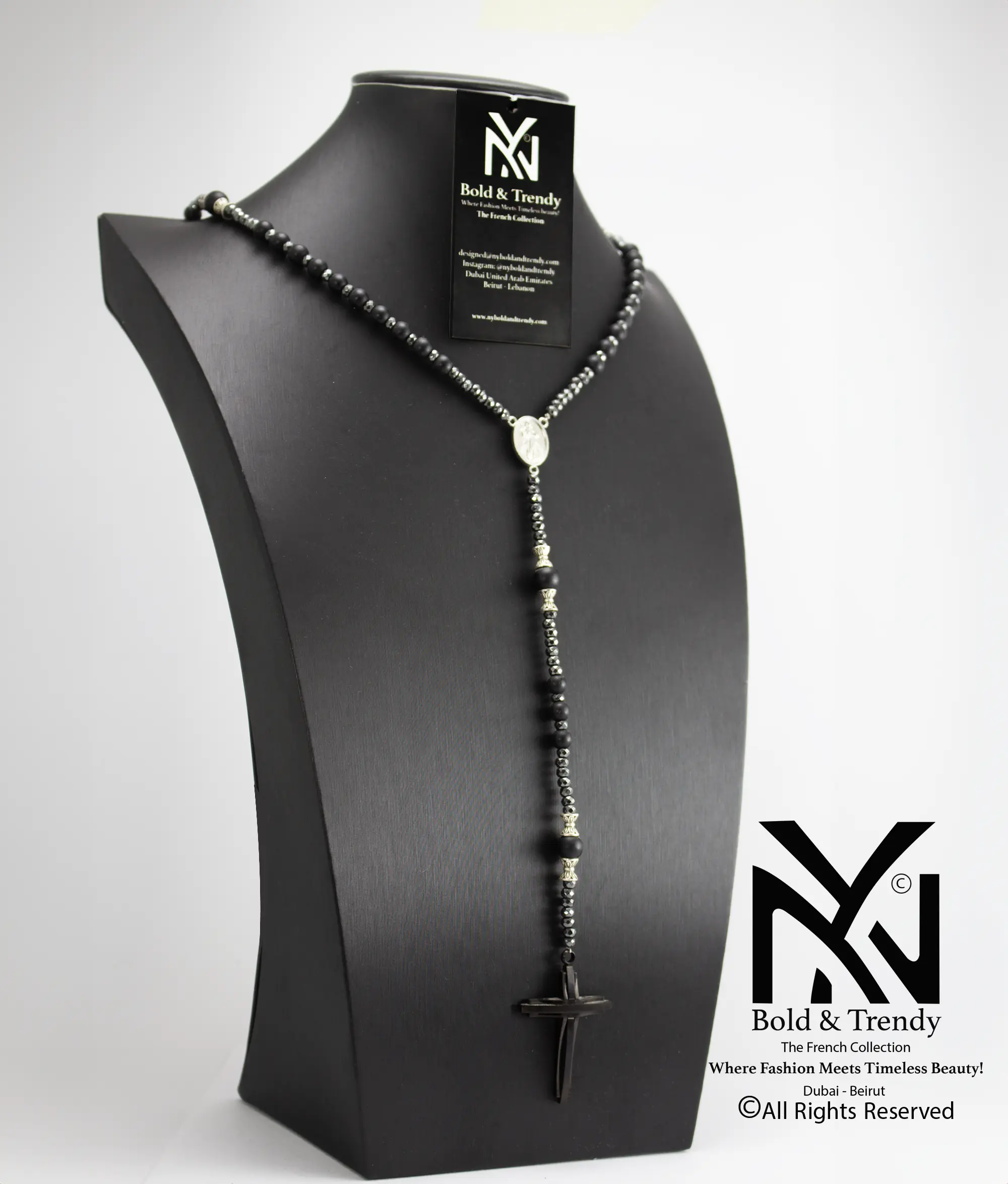  Christian Rosary Prayer Matt Onyx Zircona Black-Cross 1