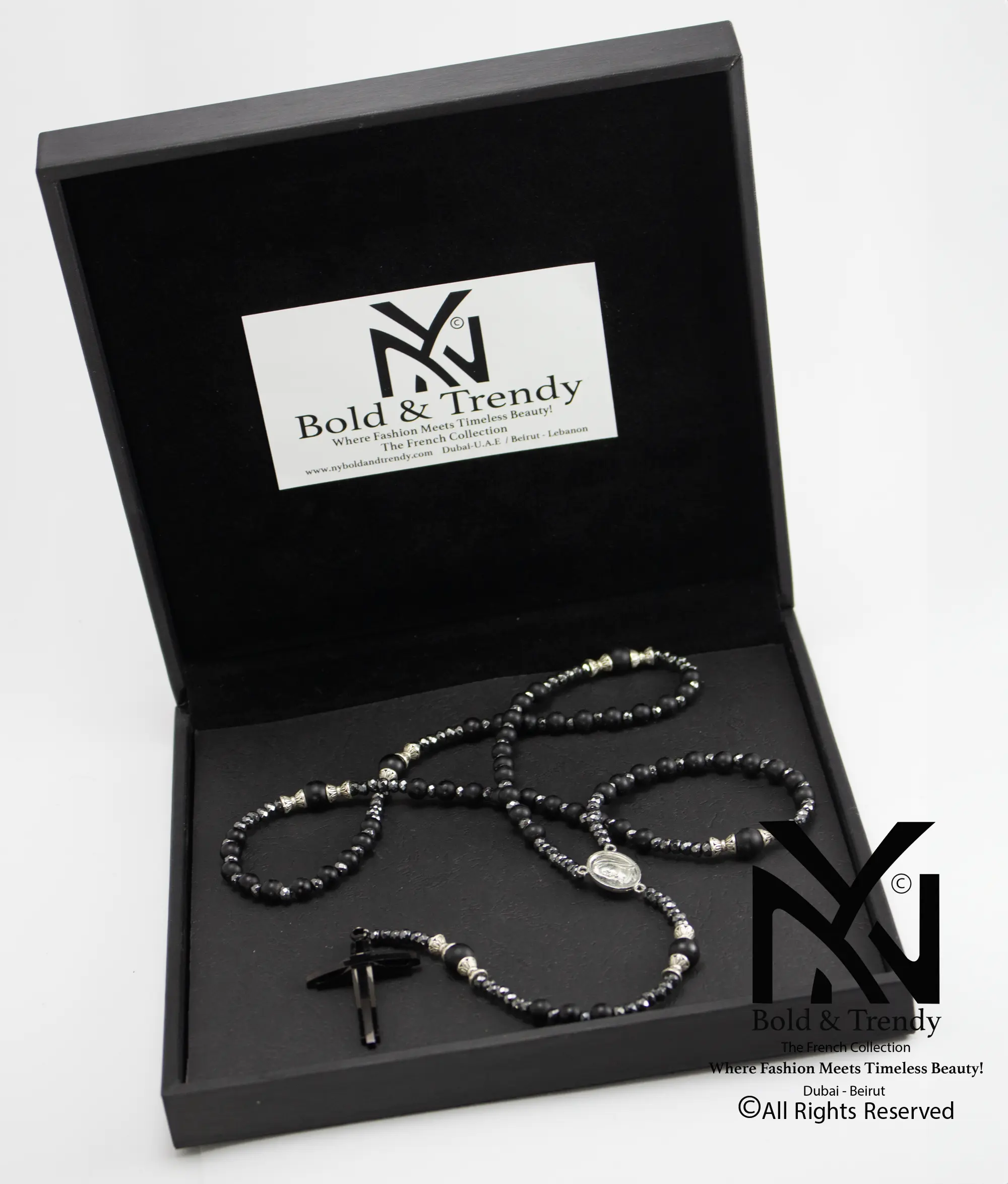  Christian Rosary Prayer Matt Onyx Zircona Black-Cross 1