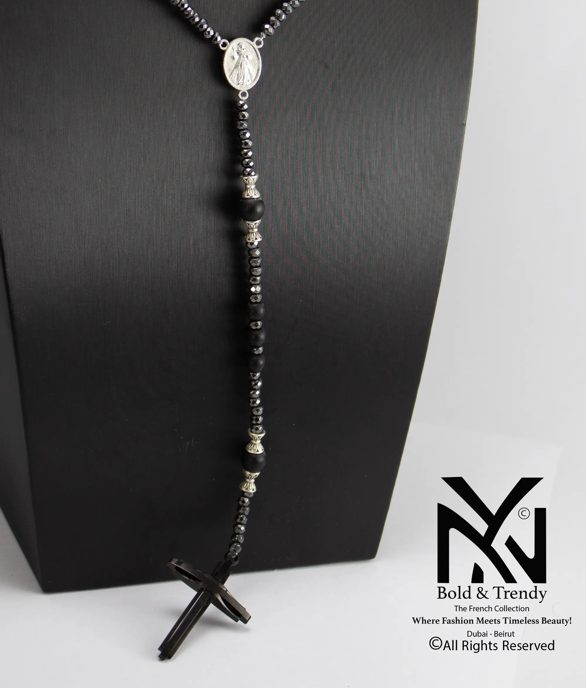  Christian Rosary Prayer Matt Onyx Zircona Black-Cross 1