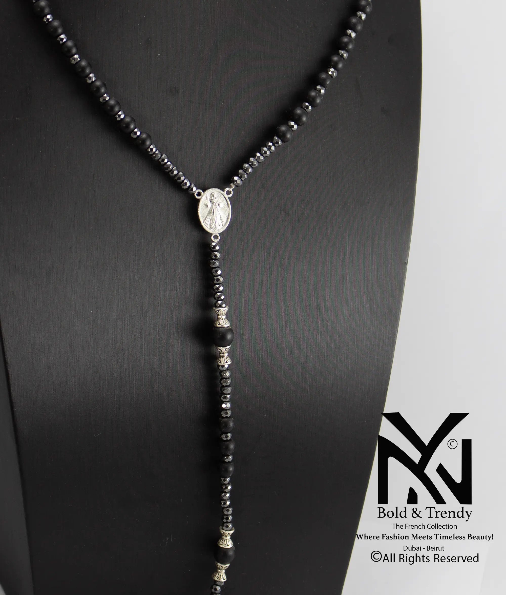  Christian Rosary Prayer Matt Onyx Zircona Black-Cross 1