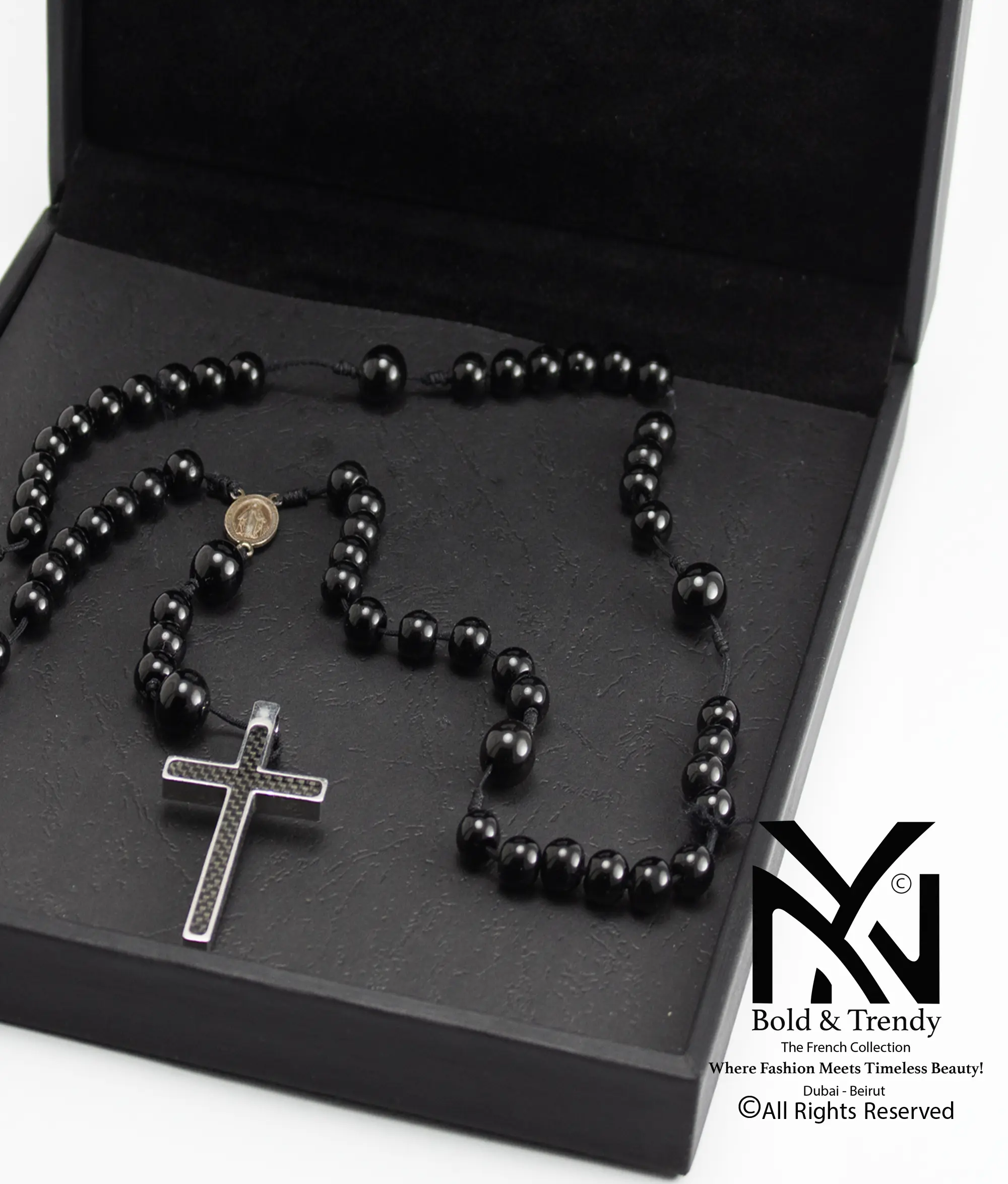  Christian Rosary Prayer Matt Onyx Zircona Black-Cross 1