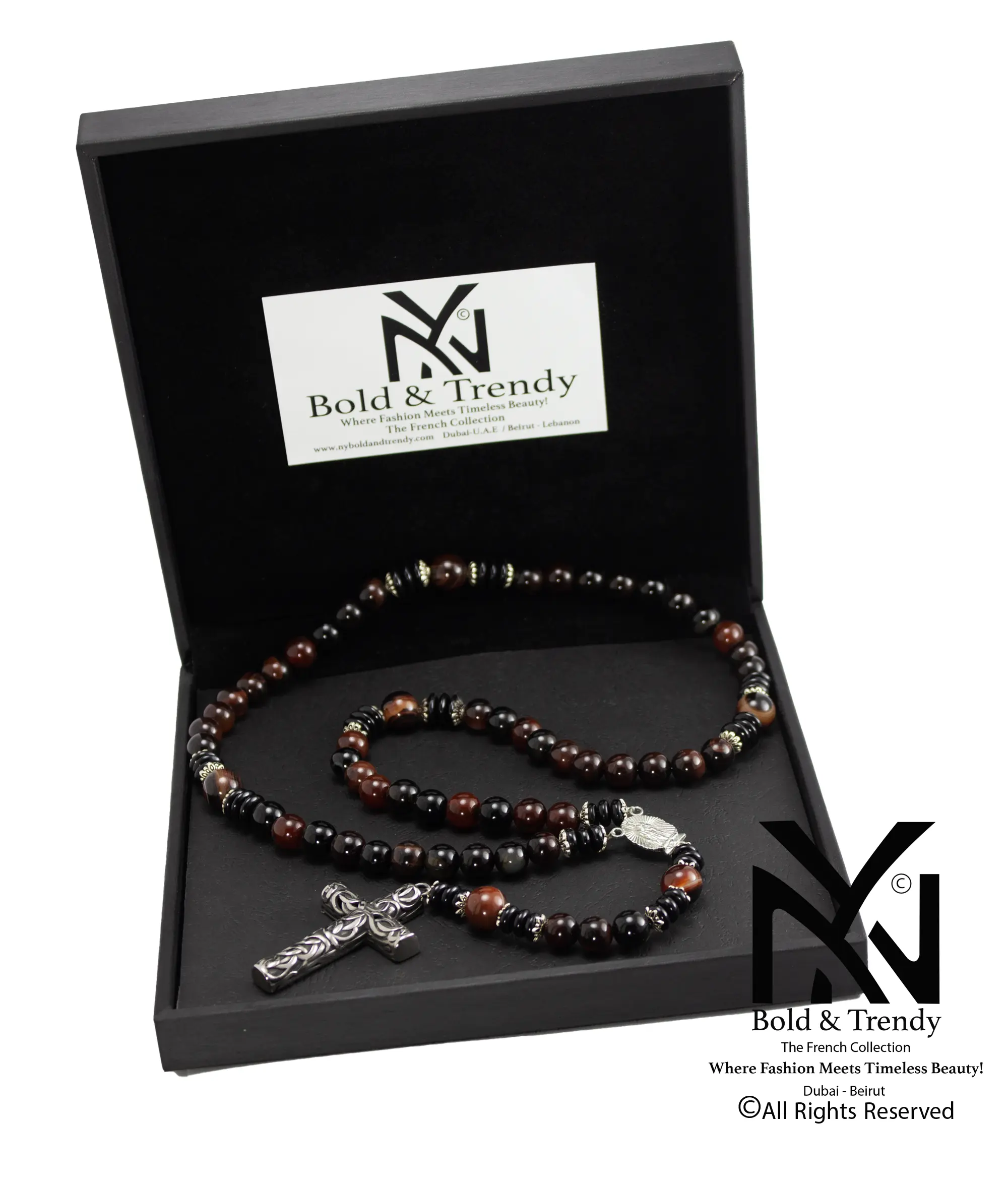  Christian Rosary Red Agate Black Agate Silver Big Cross 1 
