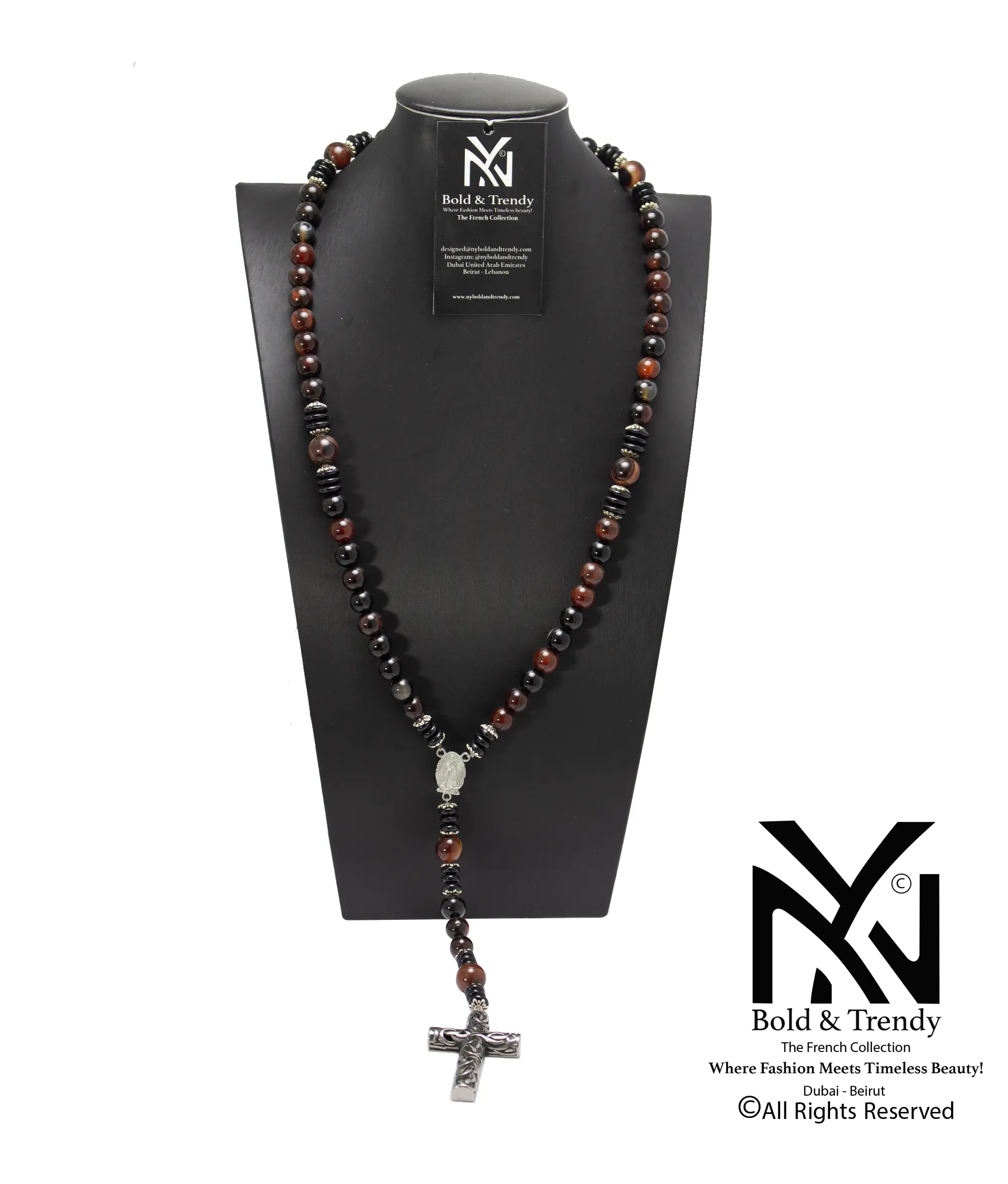  Christian Rosary Red Agate Black Agate Silver Big Cross 1
