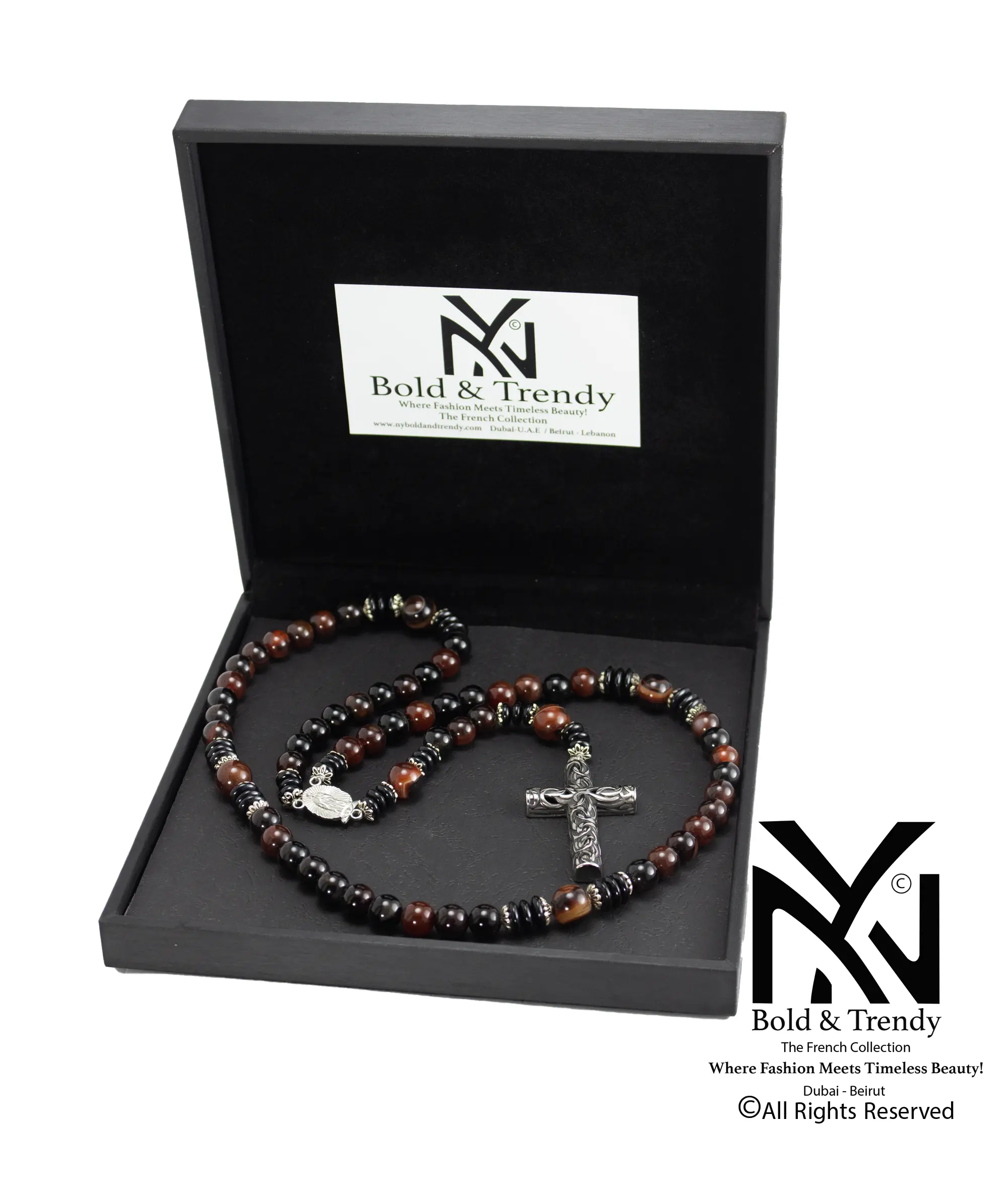  Christian Rosary Red Agate Black Agate Silver Big Cross 1 