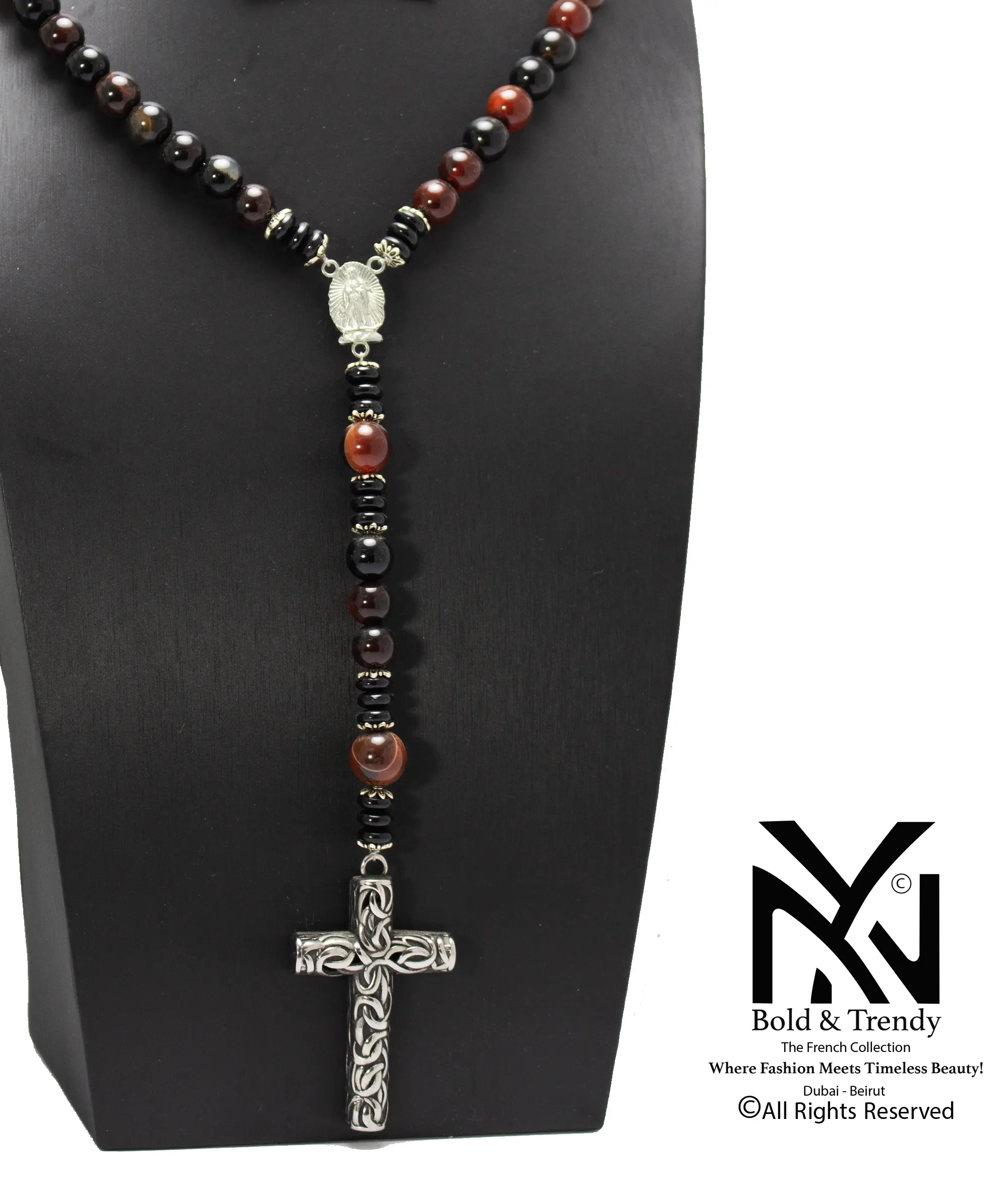  Christian Rosary Red Agate Black Agate Silver Big Cross 1 