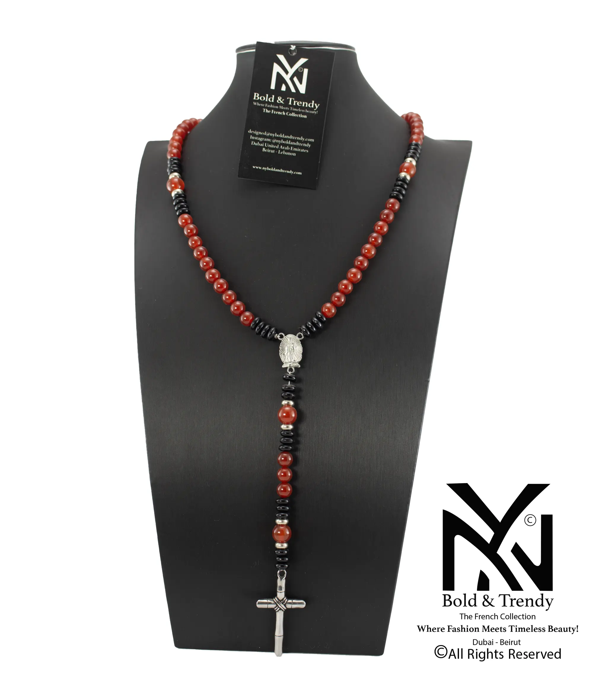 Christian Rosary Red Agate Black Agate Silver Cross 1