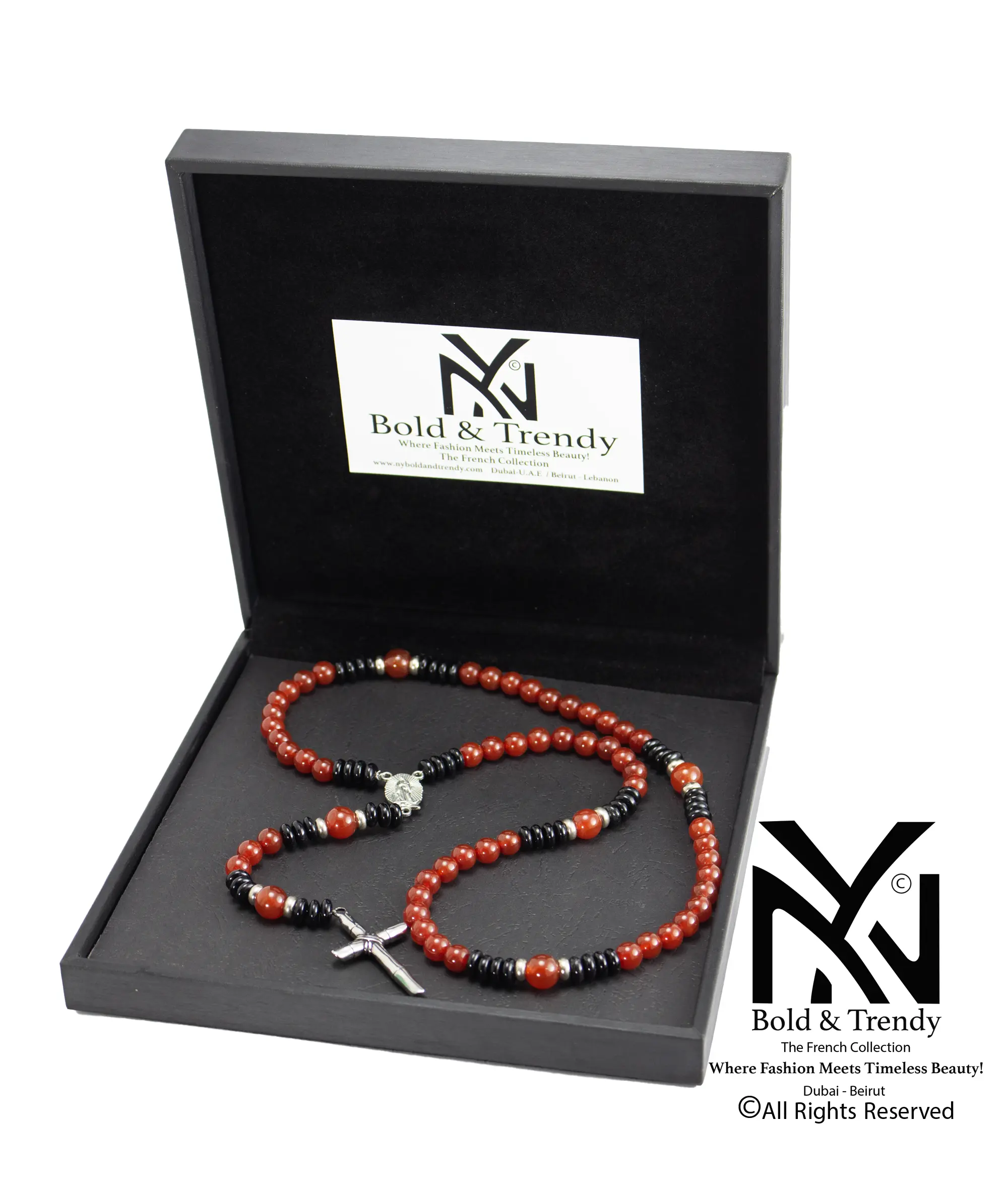  Christian Rosary Red Agate Black Agate Silver Cross 1