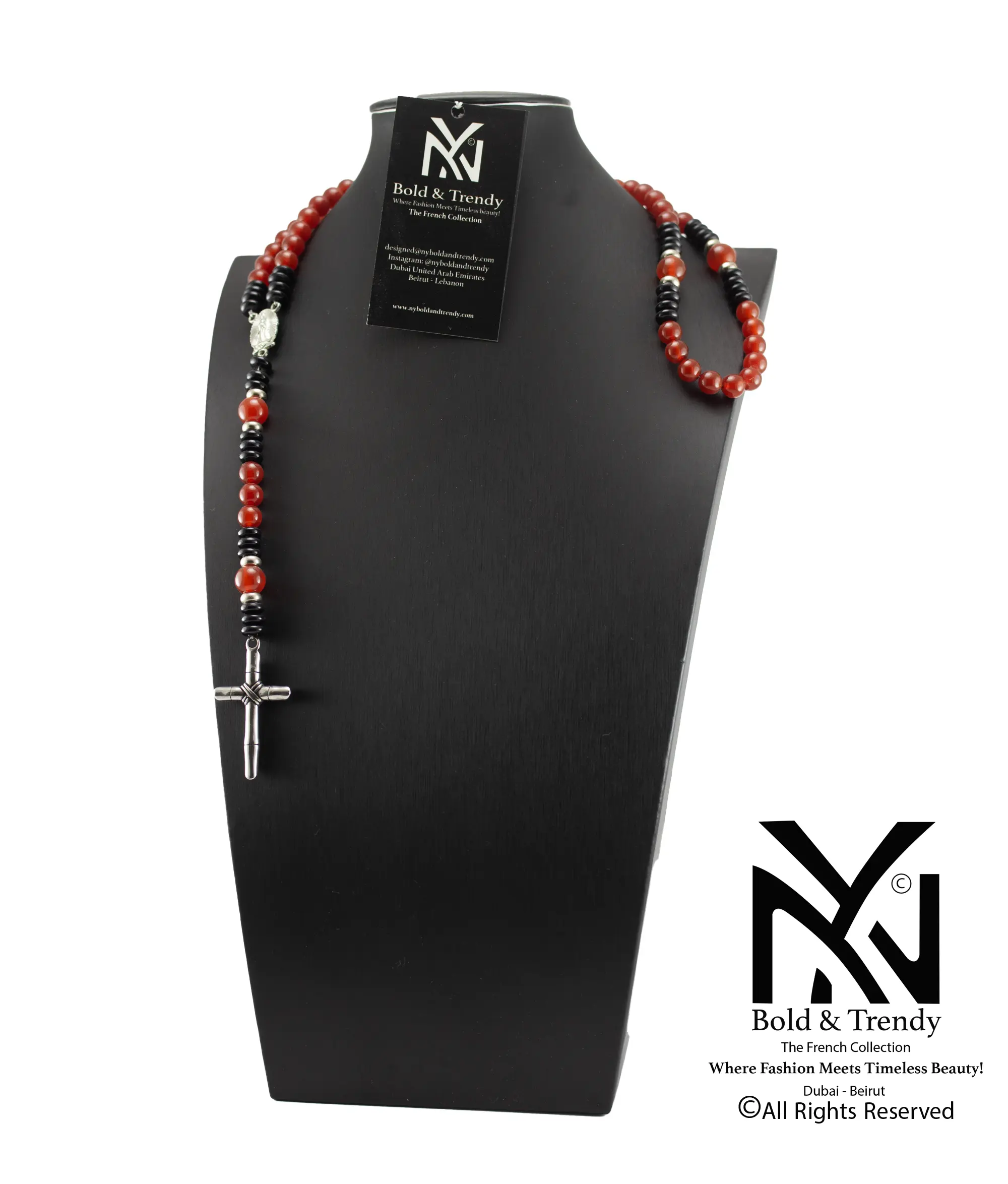  Christian Rosary Red Agate Black Agate Silver Cross 1