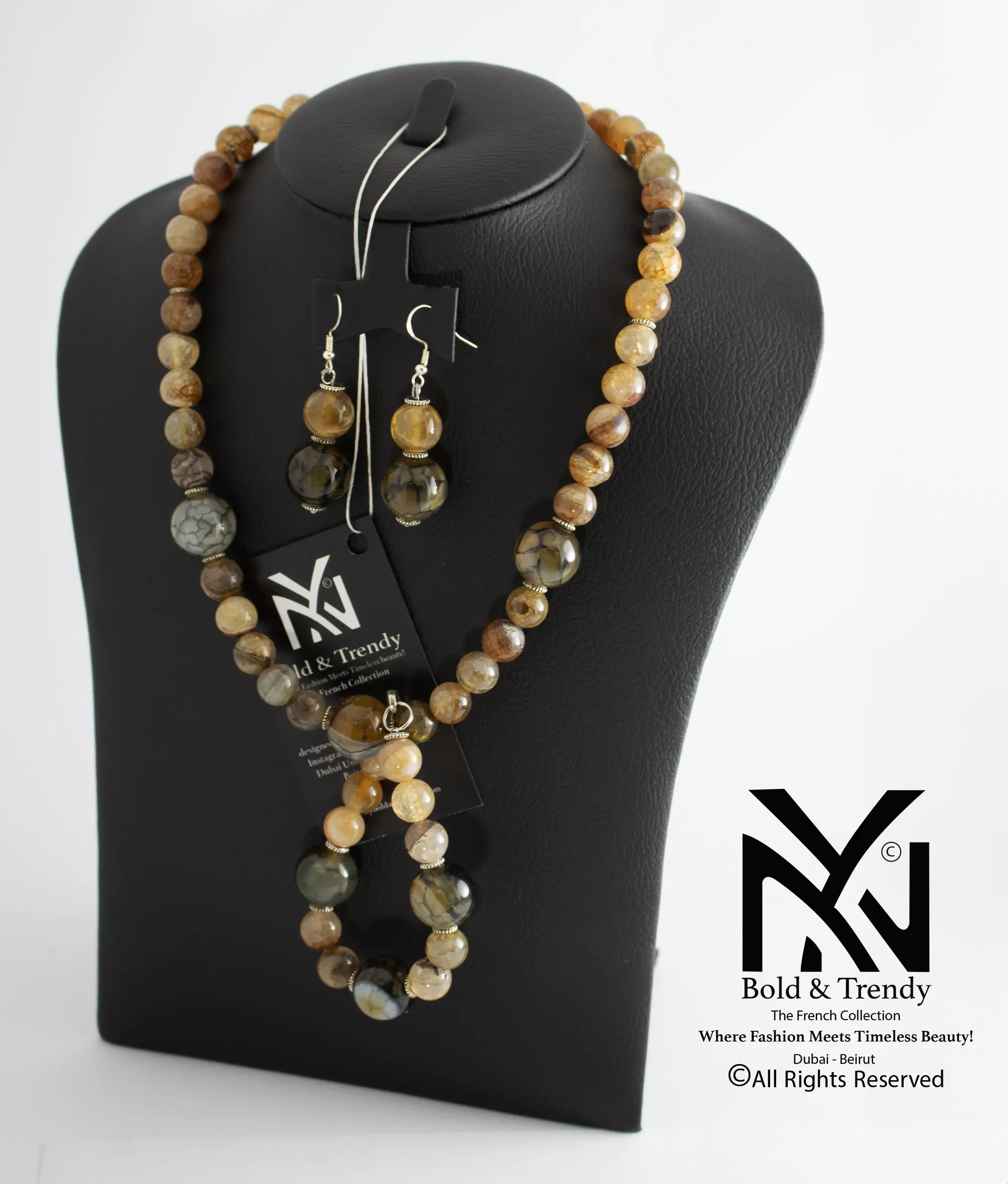  Complete Set Dendritict And Botswana Yellow Honey Green Onyx Agate with Silver 1