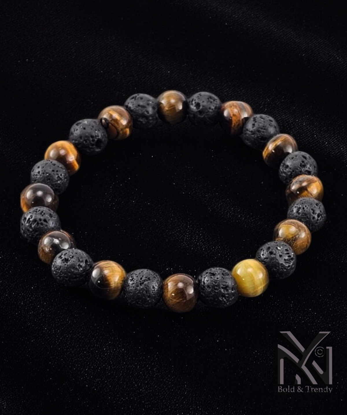 Puissance du Volcan bracelet back view with tiger's eye and lava details