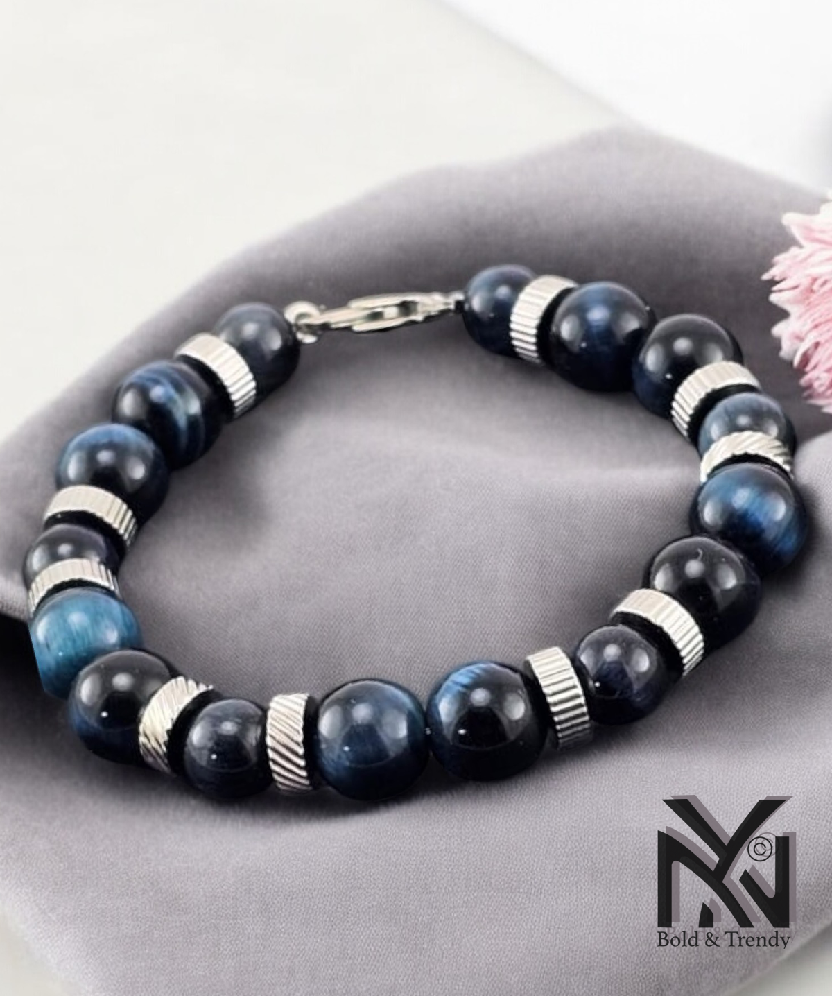 Vue arrière du bracelet Œil de Tigre Bleu avec détails des pierres