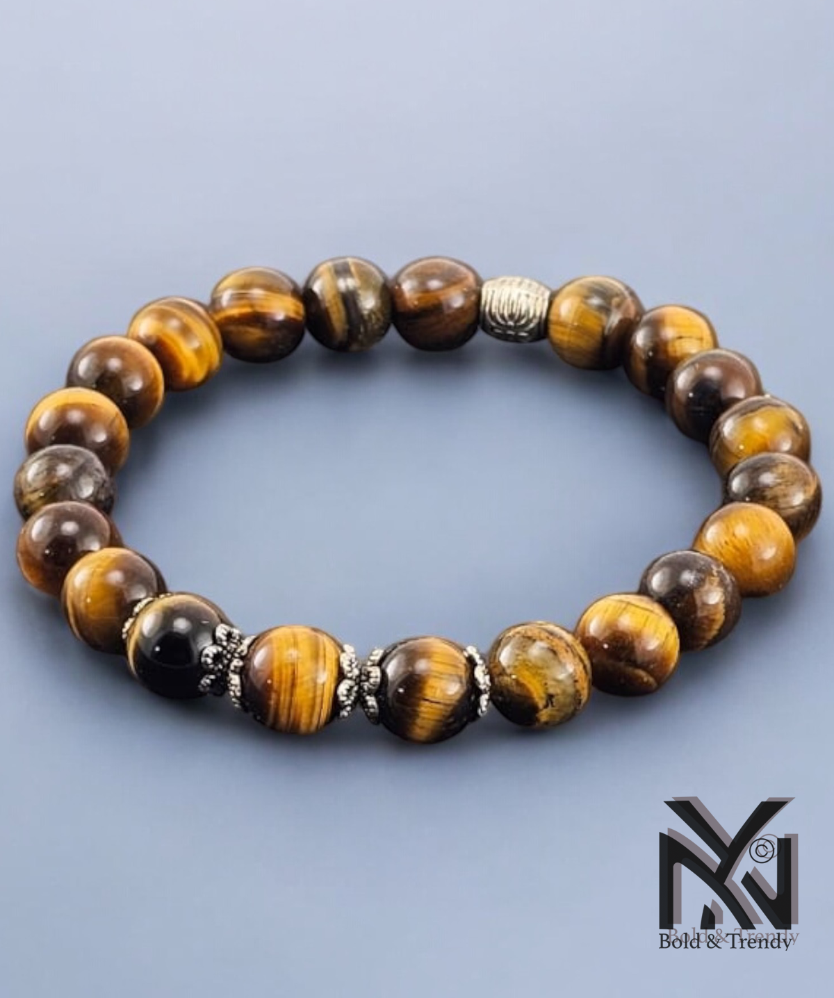 Vue arrière du bracelet Terre d'Harmonie avec des détails œil de tigre et agate