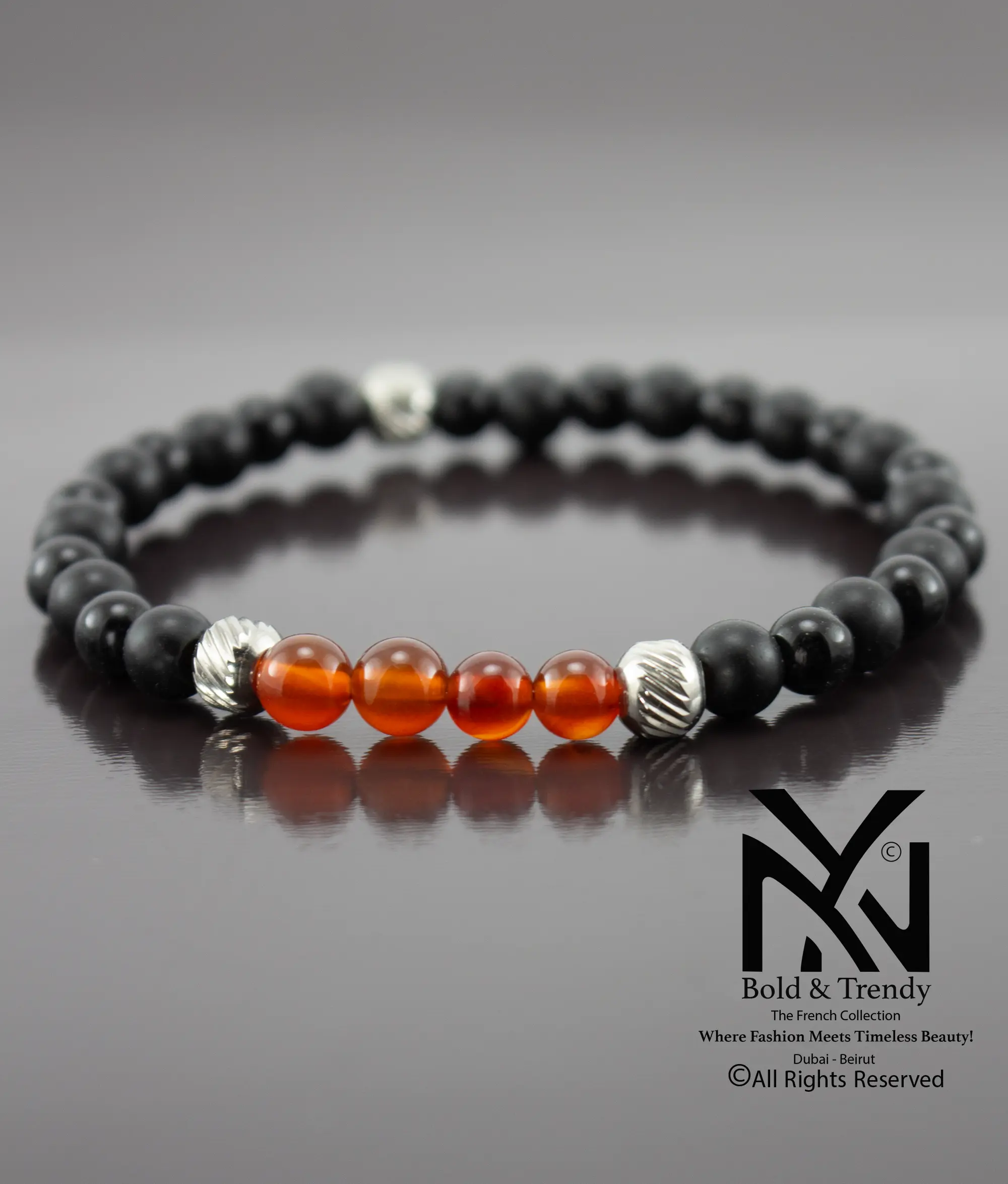 Unisex Bracelet Natural Carnelian With Black Lava And Black Onyx 1