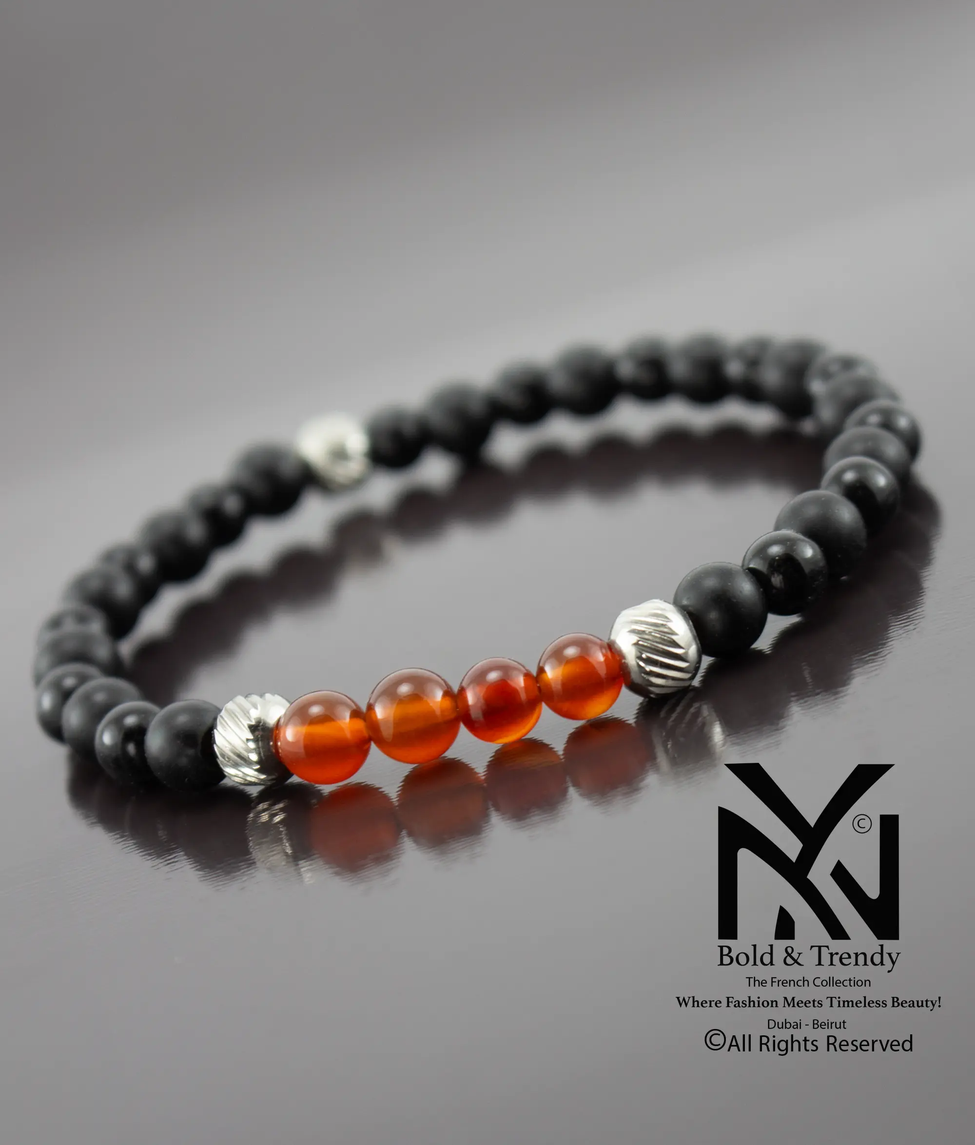 Unisex Bracelet Natural Carnelian With Black Lava And Black Onyx 1