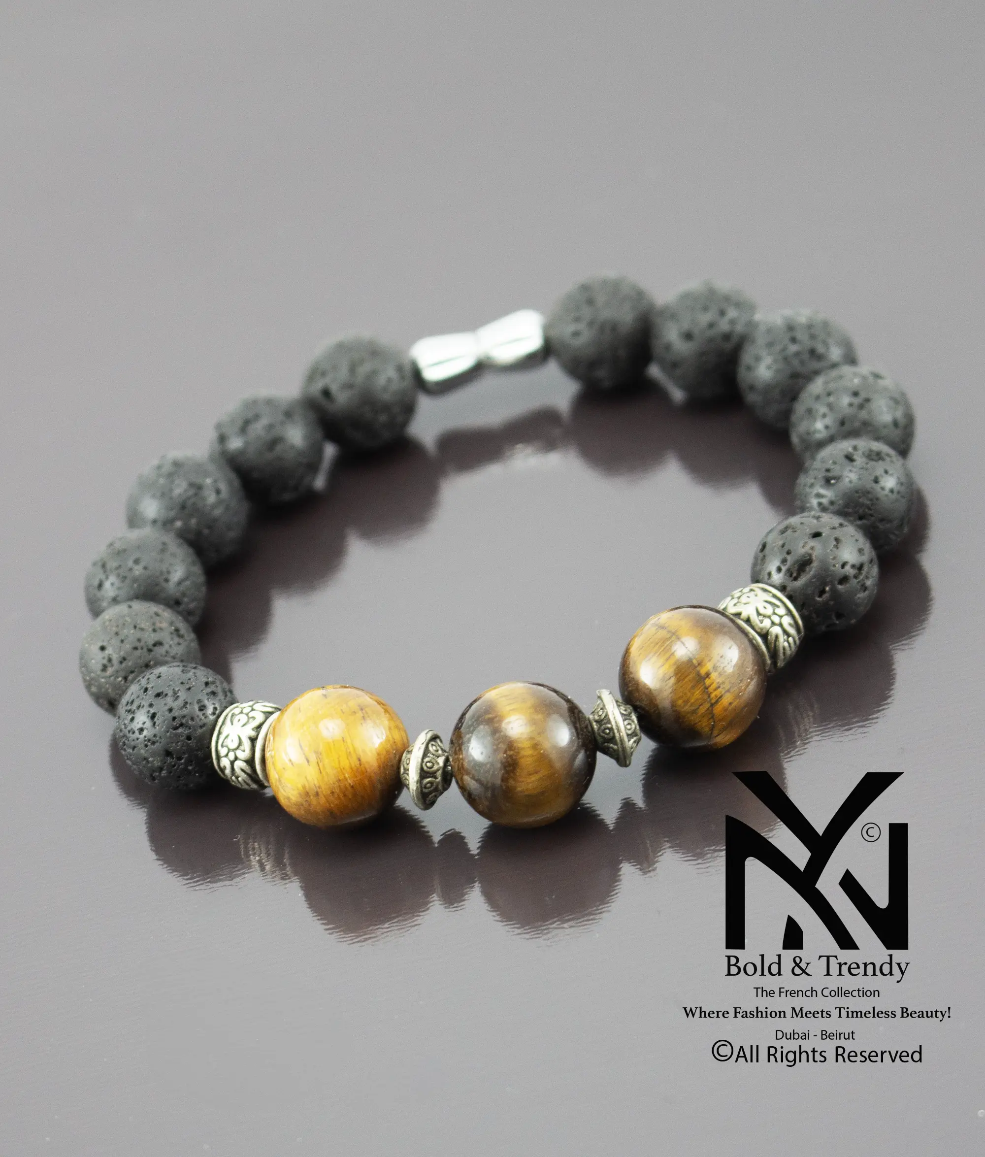 Unisex Bracelet Natural Rough Black Lava And Tiger Eye 1