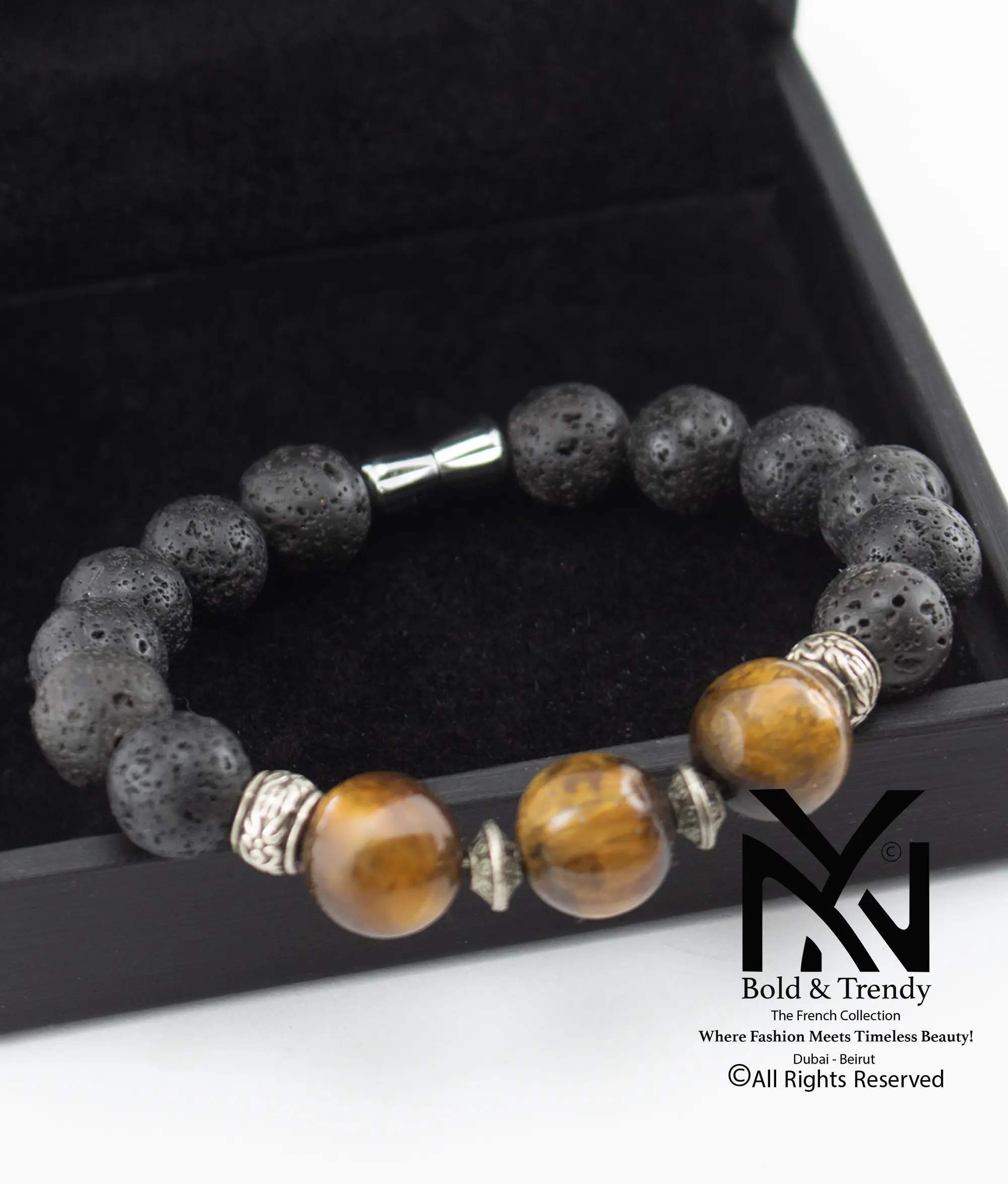  Unisex Bracelet Natural Rough Black Lava And Tiger Eye 1