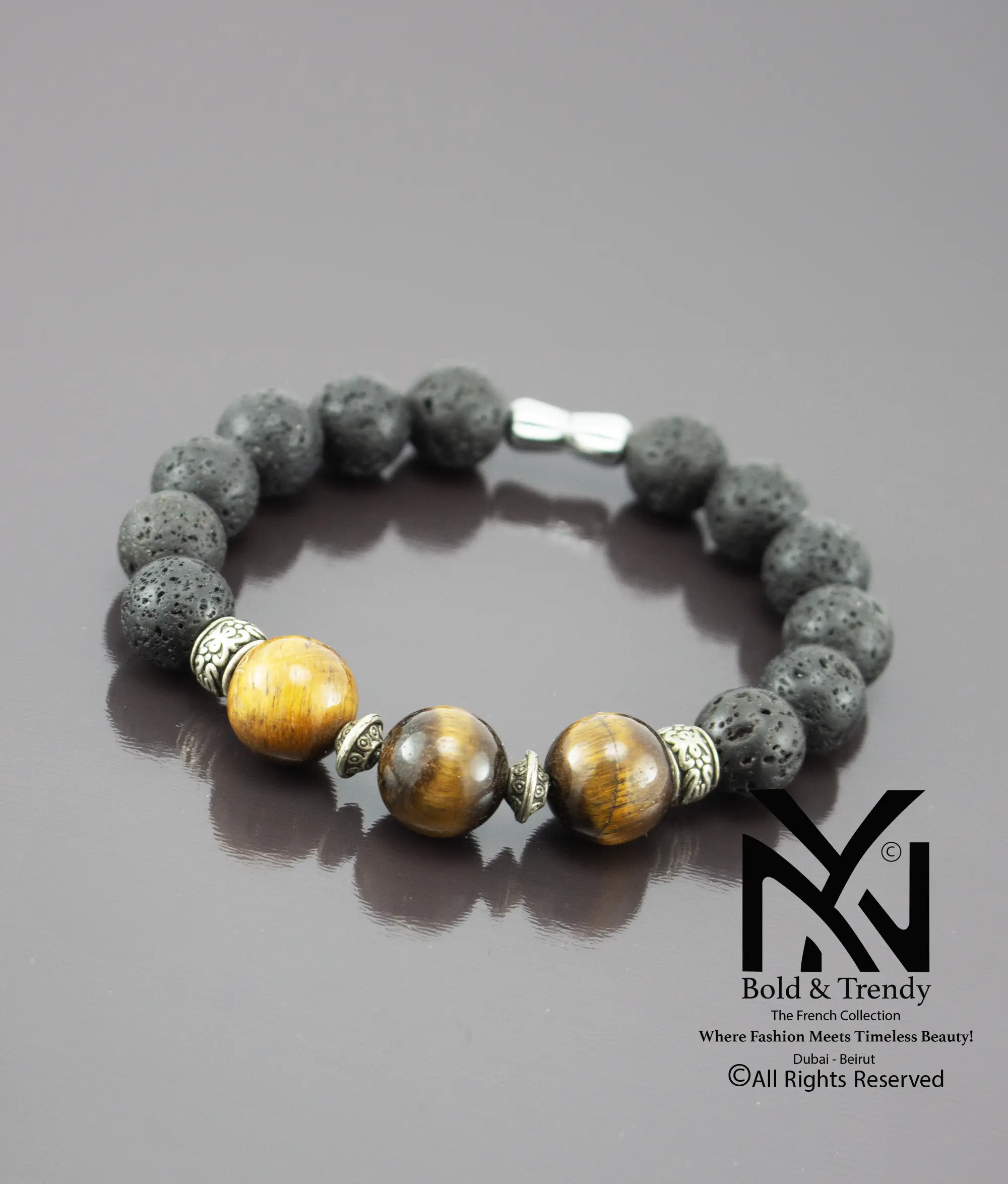  Unisex Bracelet Natural Rough Black Lava And Tiger Eye 1