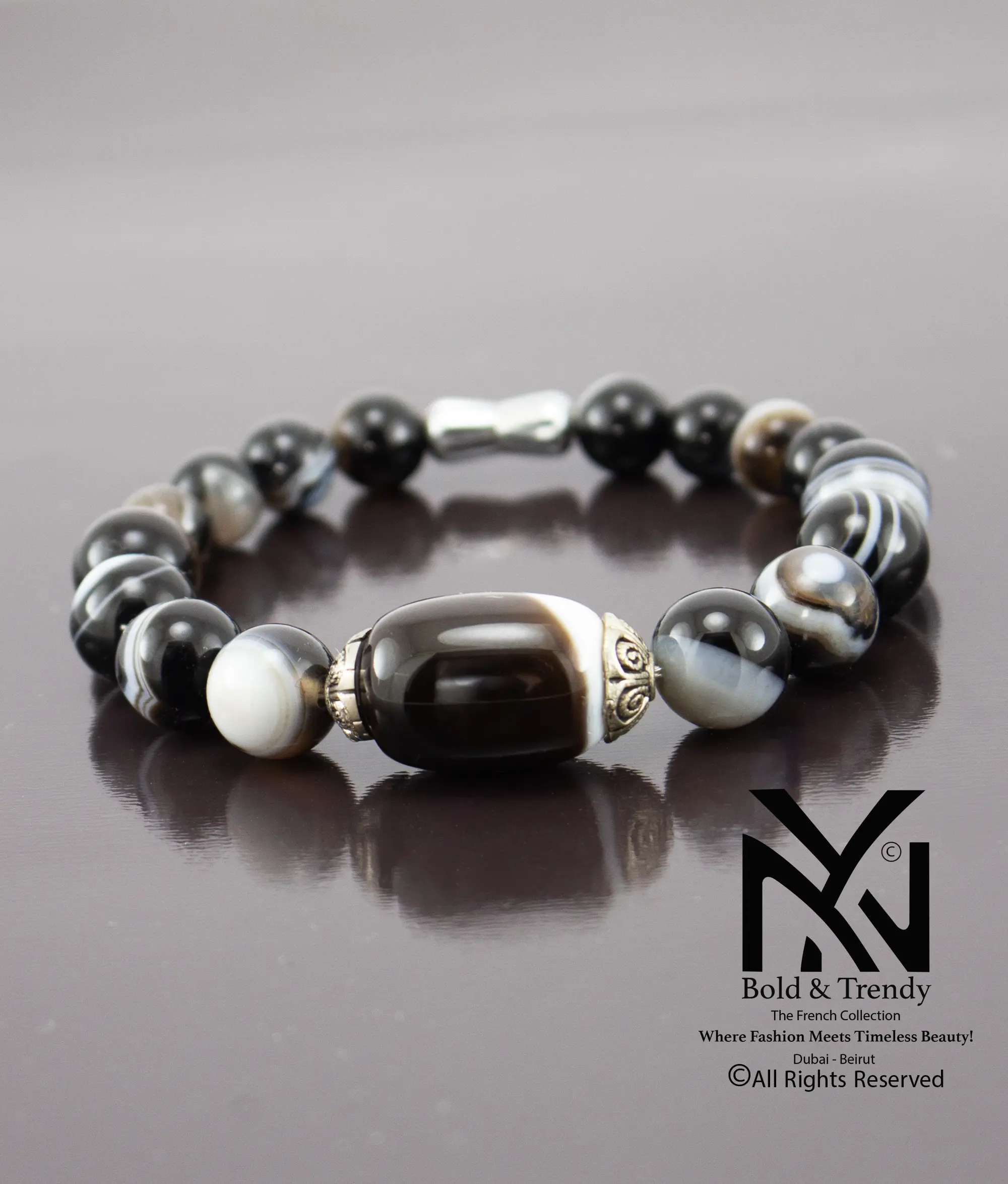 Unisex Bracelet Yamani Natural Black And White Agate 1