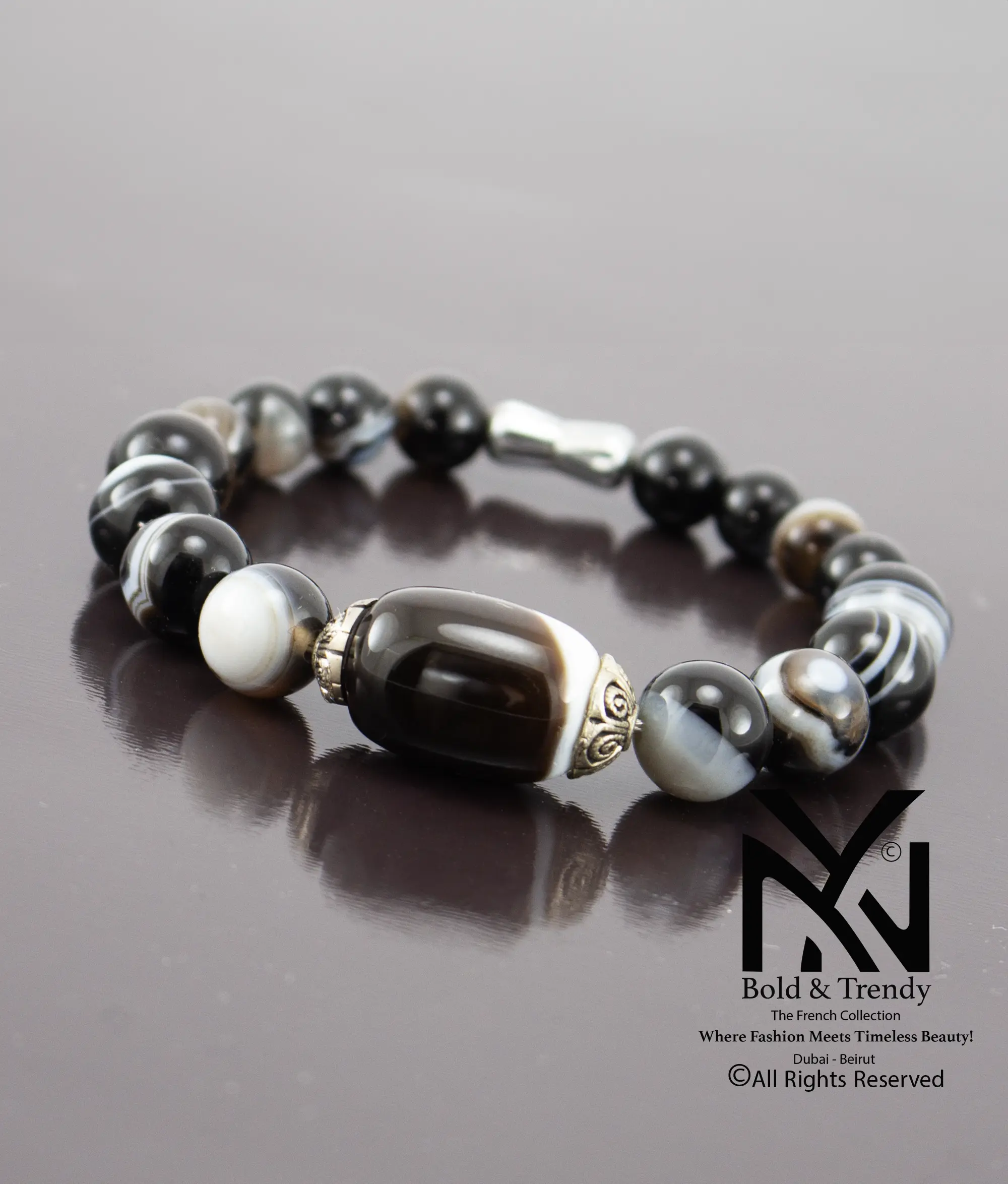 Unisex Bracelet Yamani Natural Black And White Agate 1